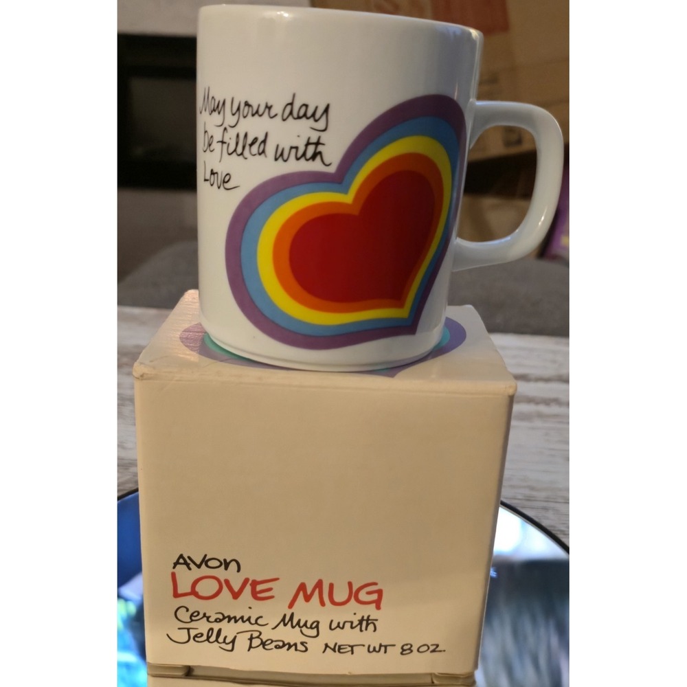Vintage 1983 Avon Love Mug Rainbow Heart Ceramic Cup Easter Collectible